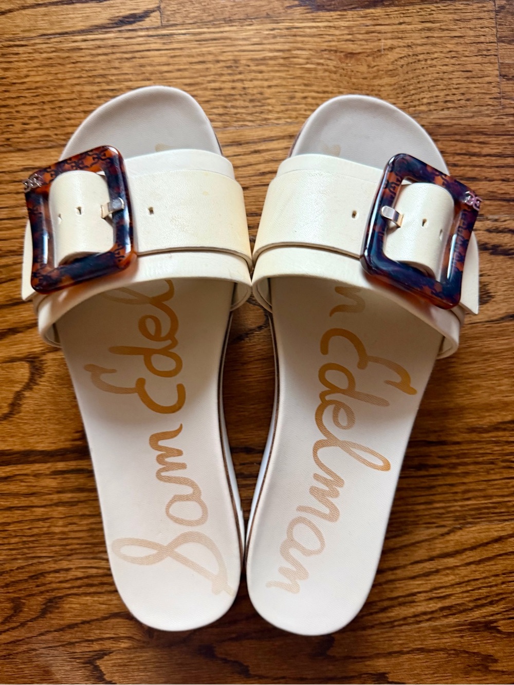 Sam Edelman Cream Slide Sandals with Tortoiseshell Buckle